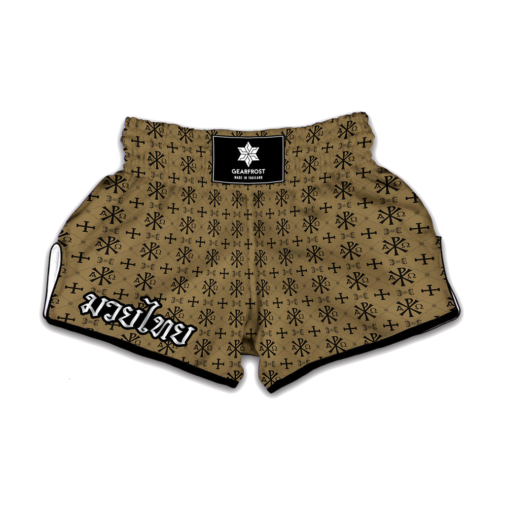 Beige And Black Orthodox Pattern Print Muay Thai Boxing Shorts