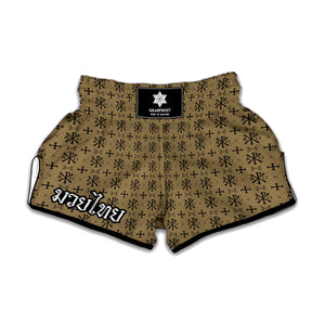 Beige And Black Orthodox Pattern Print Muay Thai Boxing Shorts