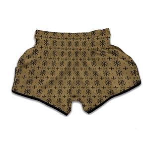 Beige And Black Orthodox Pattern Print Muay Thai Boxing Shorts