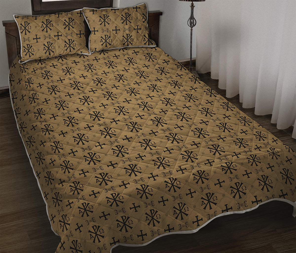 Beige And Black Orthodox Pattern Print Quilt Bed Set