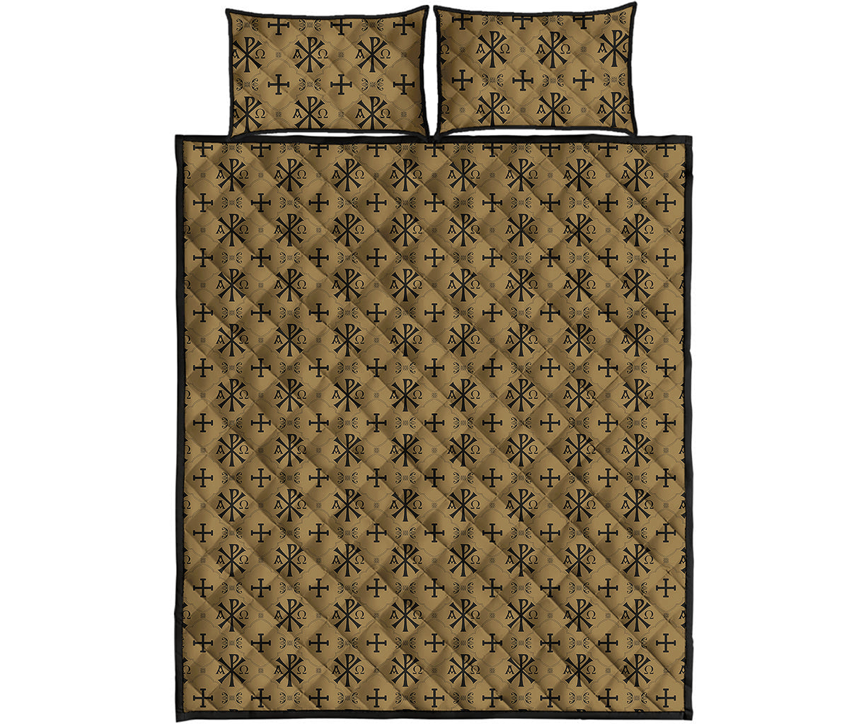 Beige And Black Orthodox Pattern Print Quilt Bed Set