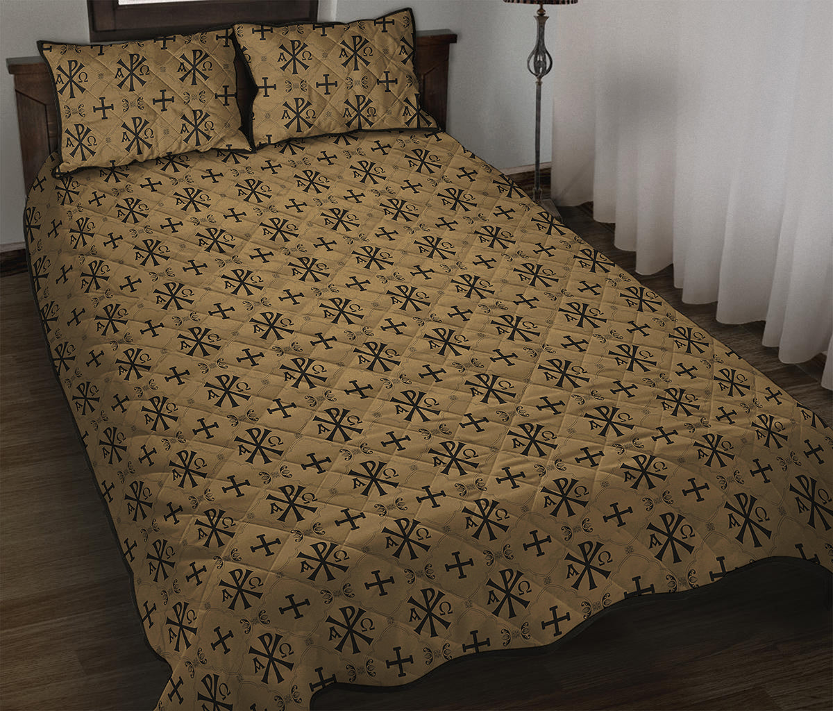 Beige And Black Orthodox Pattern Print Quilt Bed Set