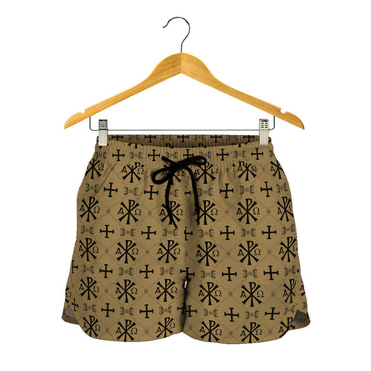 Beige And Black Orthodox Pattern Print Women's Shorts