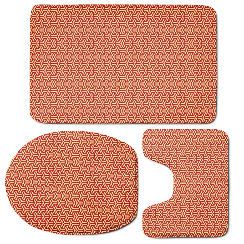 Beige And Red Japanese Pattern Print 3 Piece Bath Mat Set