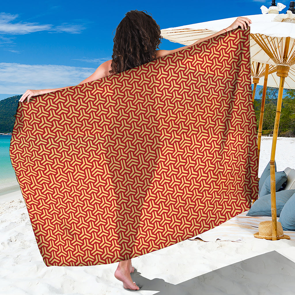 Beige And Red Japanese Pattern Print Beach Sarong Wrap