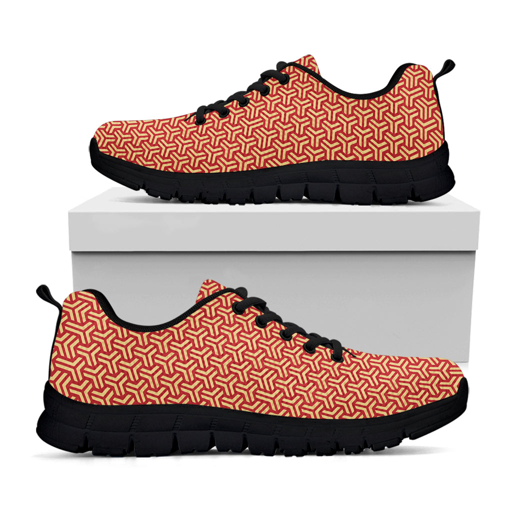 Beige And Red Japanese Pattern Print Black Sneakers