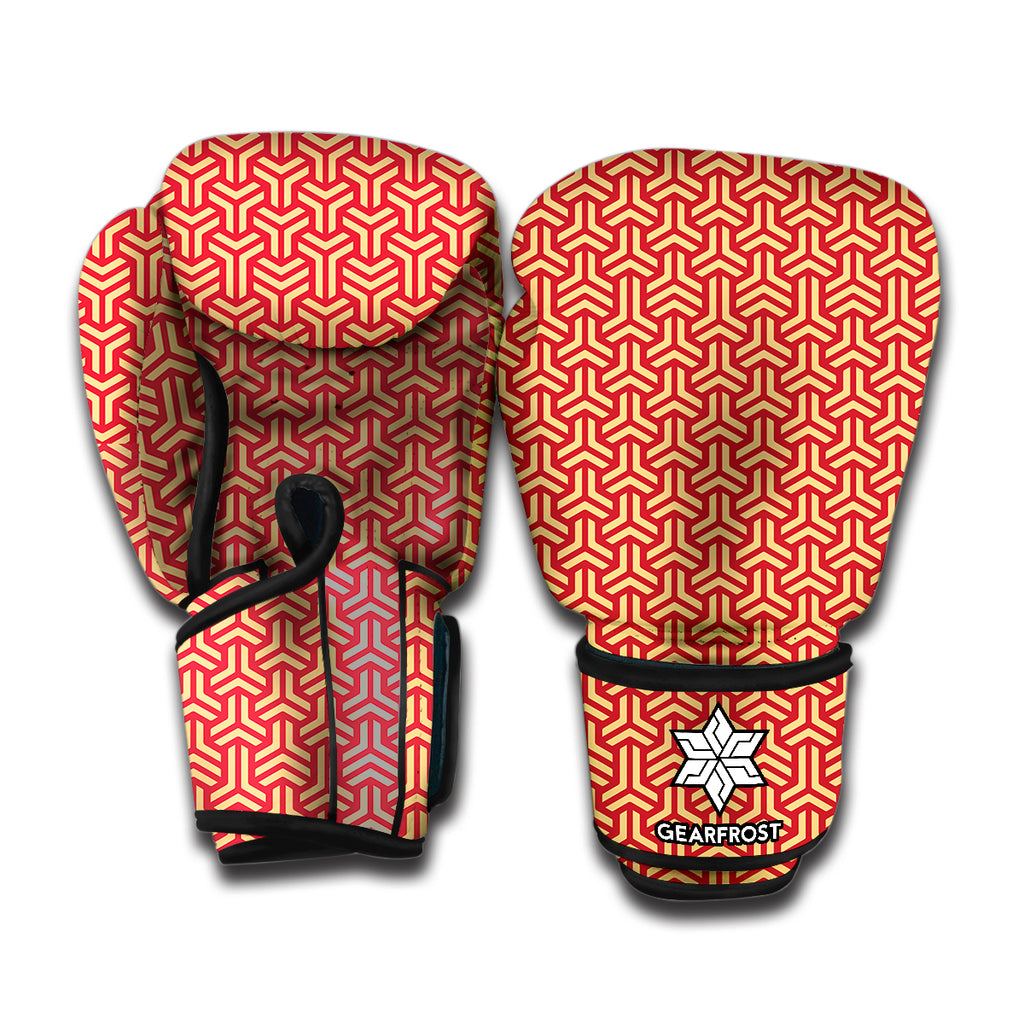 Beige And Red Japanese Pattern Print Boxing Gloves