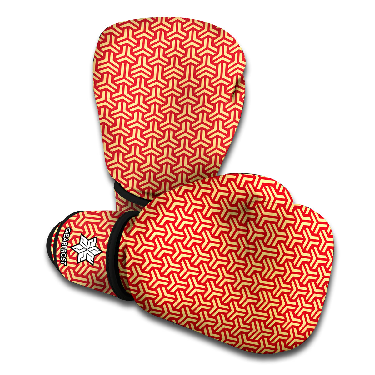 Beige And Red Japanese Pattern Print Boxing Gloves