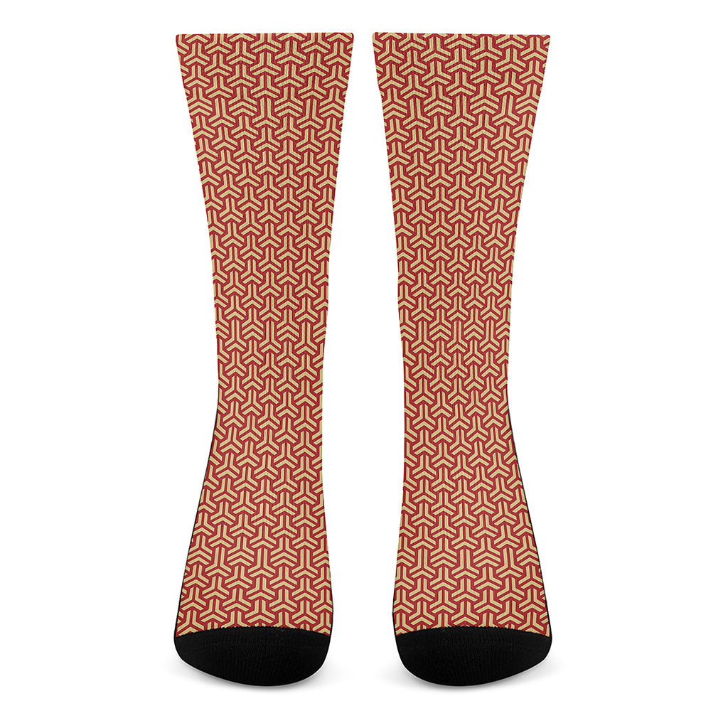 Beige And Red Japanese Pattern Print Crew Socks