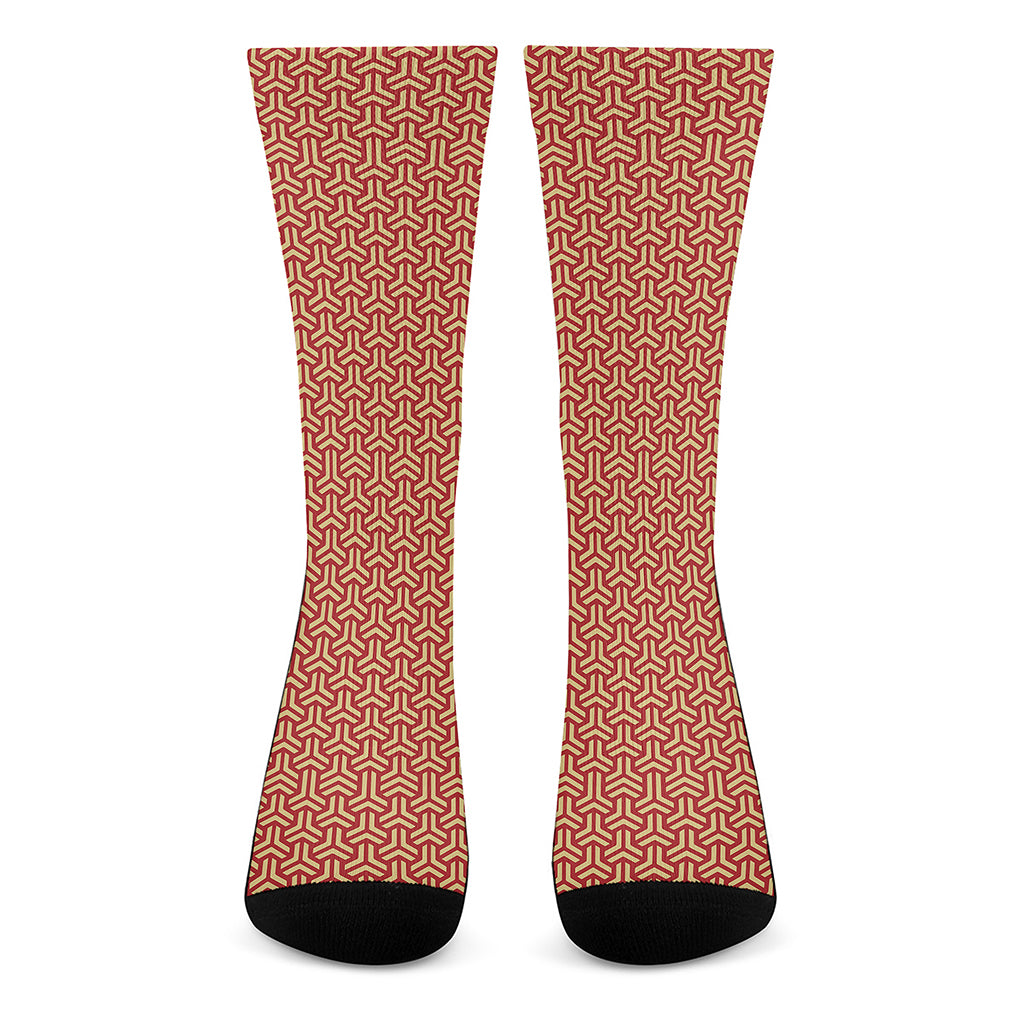 Beige And Red Japanese Pattern Print Crew Socks