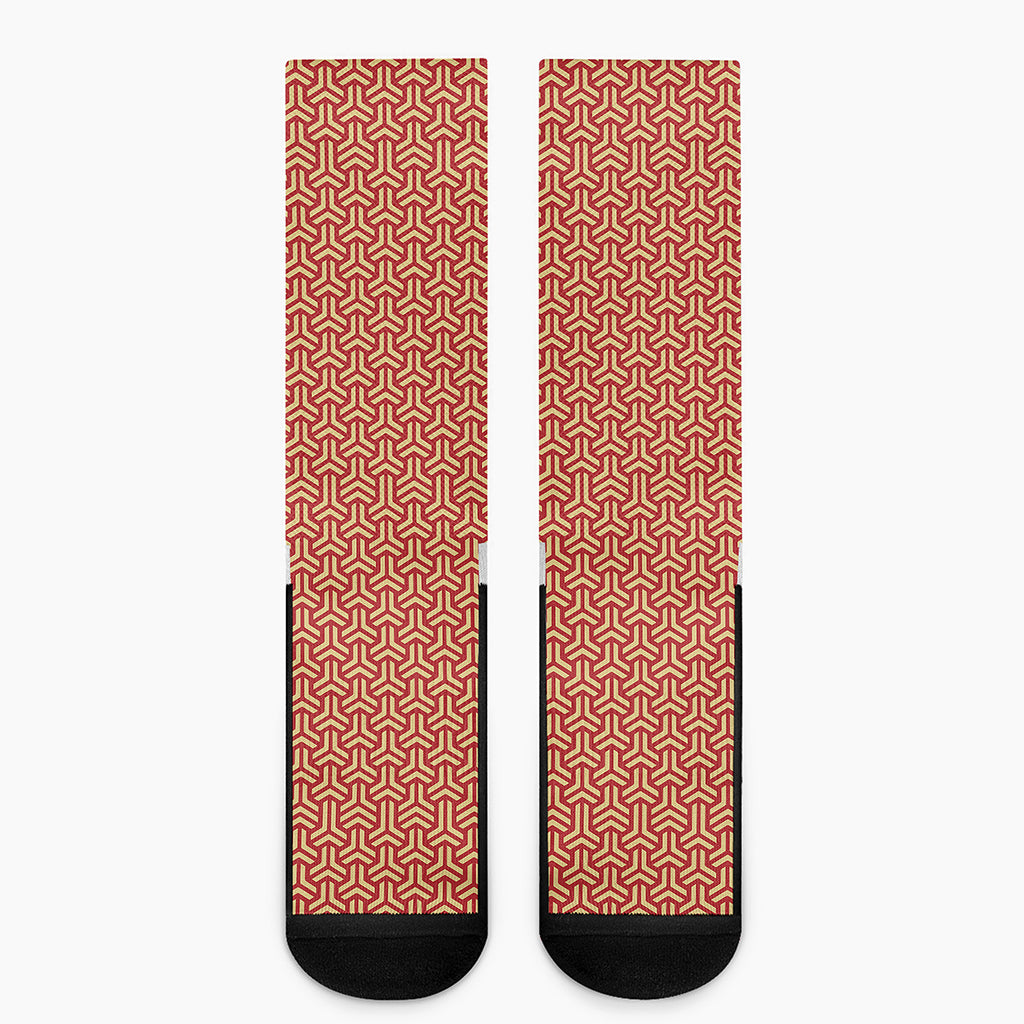 Beige And Red Japanese Pattern Print Crew Socks