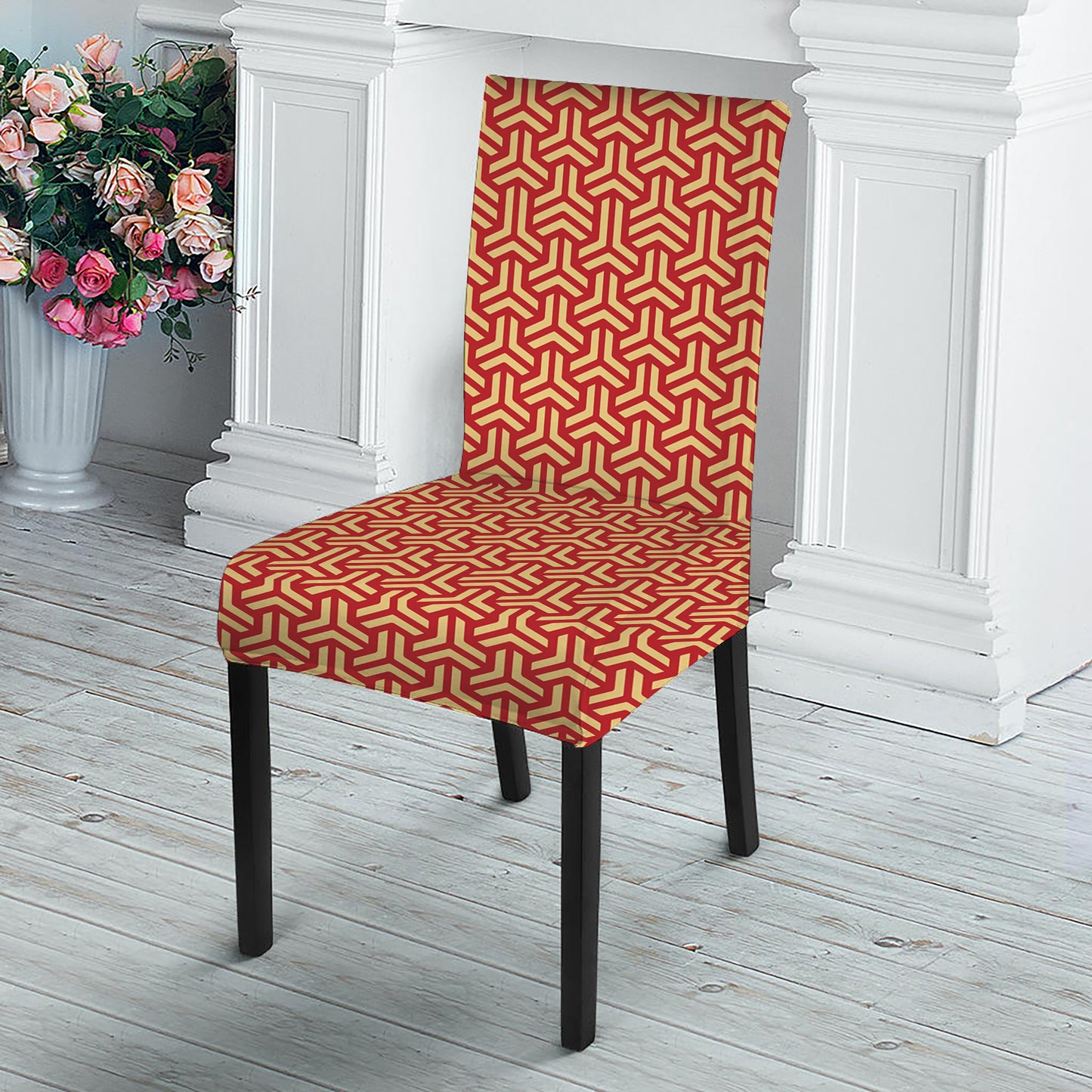 Beige And Red Japanese Pattern Print Dining Chair Slipcover