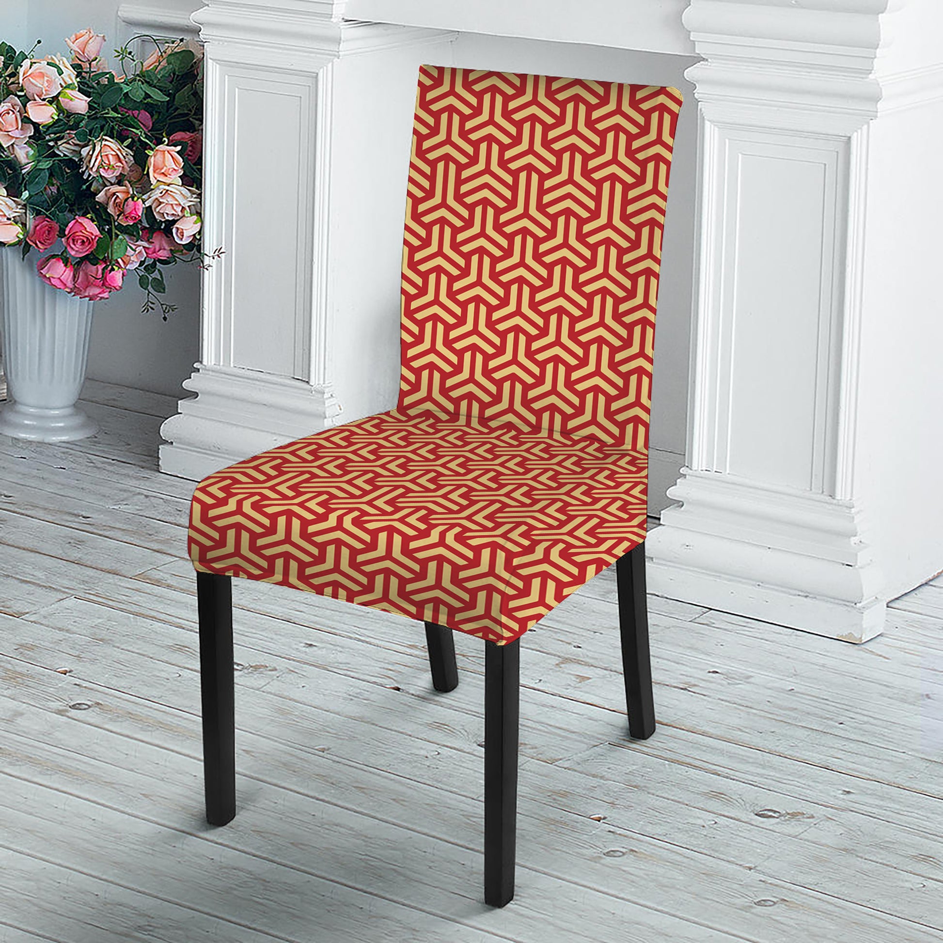 Beige And Red Japanese Pattern Print Dining Chair Slipcover