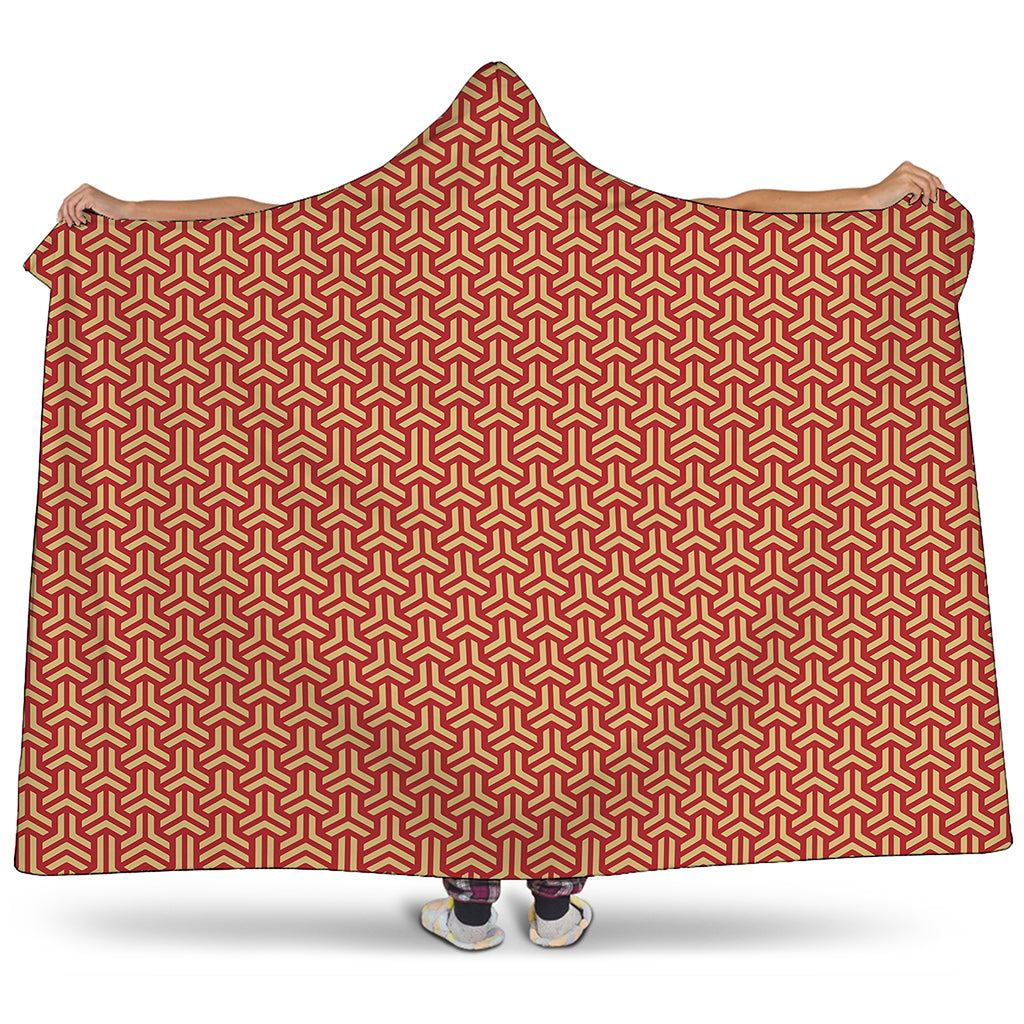 Beige And Red Japanese Pattern Print Hooded Blanket
