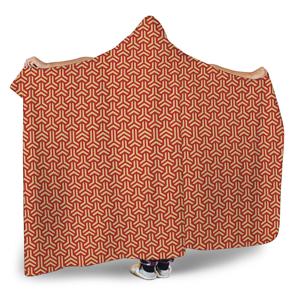 Beige And Red Japanese Pattern Print Hooded Blanket