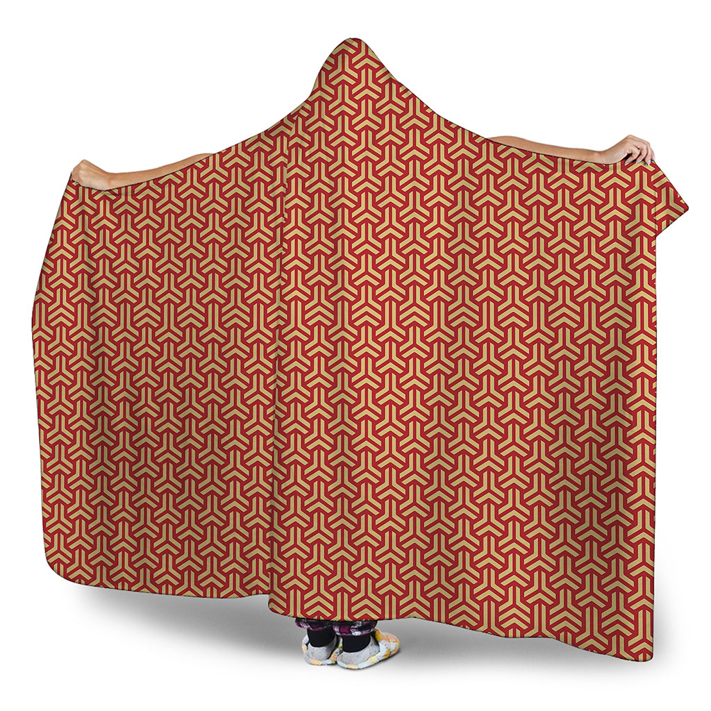 Beige And Red Japanese Pattern Print Hooded Blanket