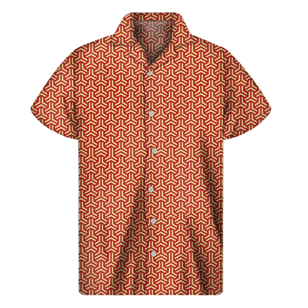 Beige And Red Japanese Pattern Print Men's Short Sleeve Shirt