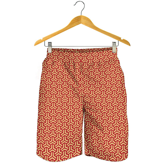 Beige And Red Japanese Pattern Print Men's Shorts