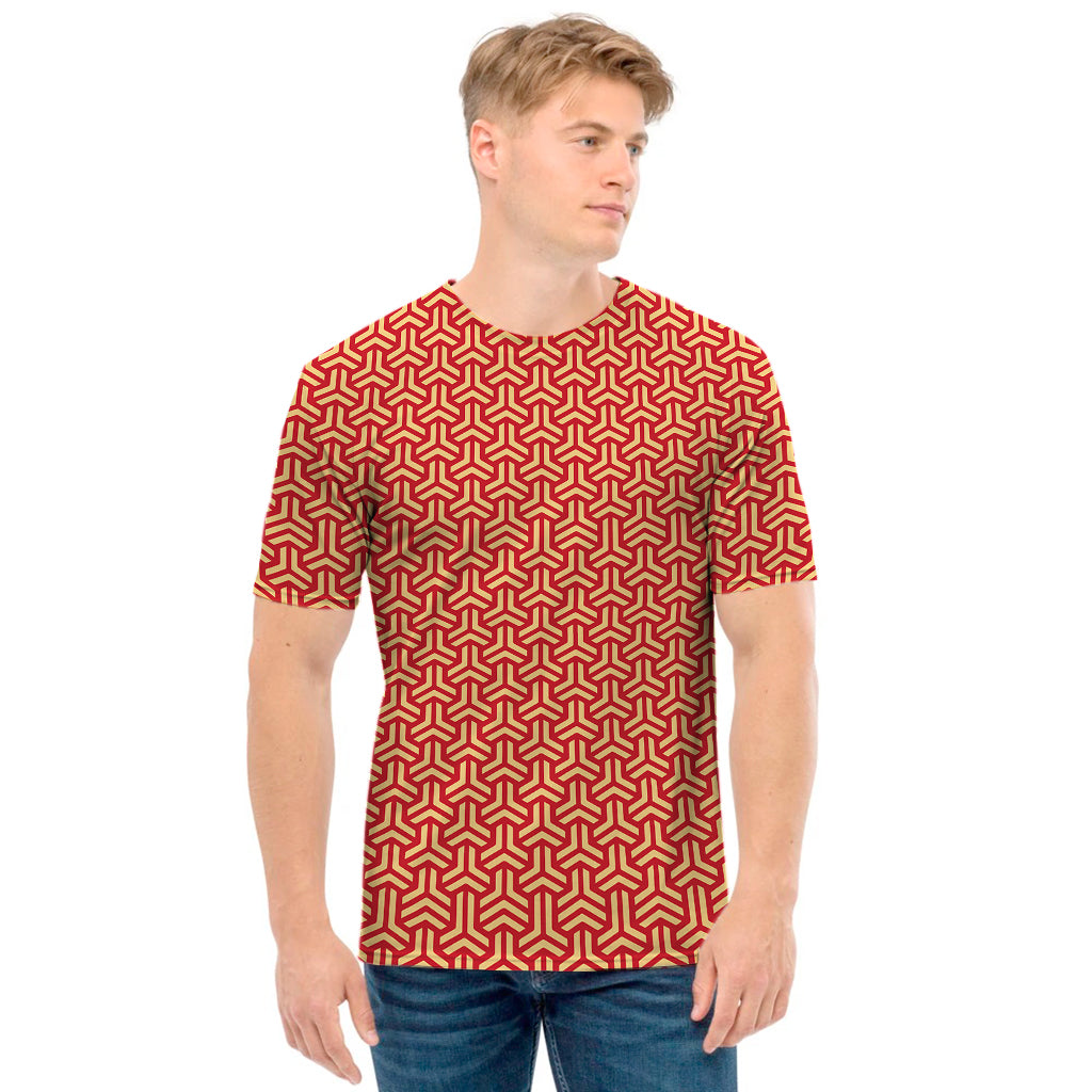 Beige And Red Japanese Pattern Print Men's T-Shirt