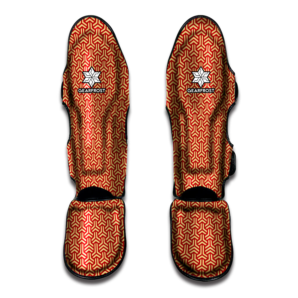 Beige And Red Japanese Pattern Print Muay Thai Shin Guard