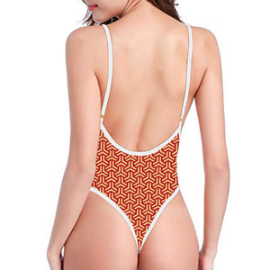 Beige And Red Japanese Pattern Print One Piece High Cut Swimsuit