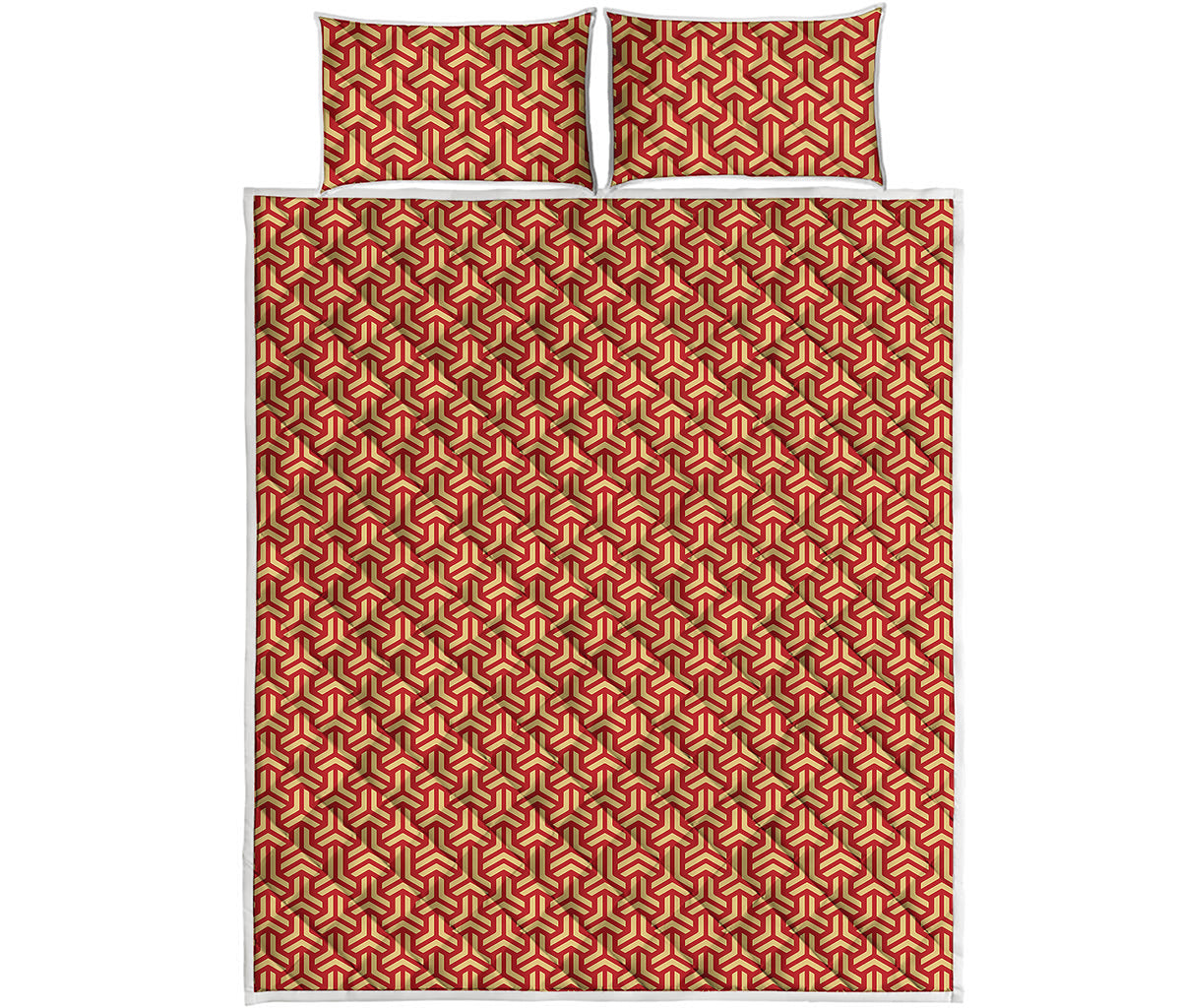 Beige And Red Japanese Pattern Print Quilt Bed Set