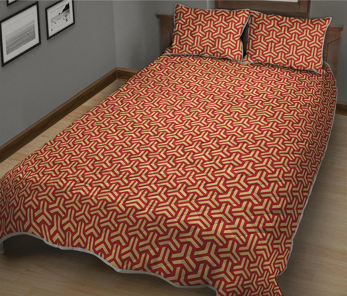 Beige And Red Japanese Pattern Print Quilt Bed Set