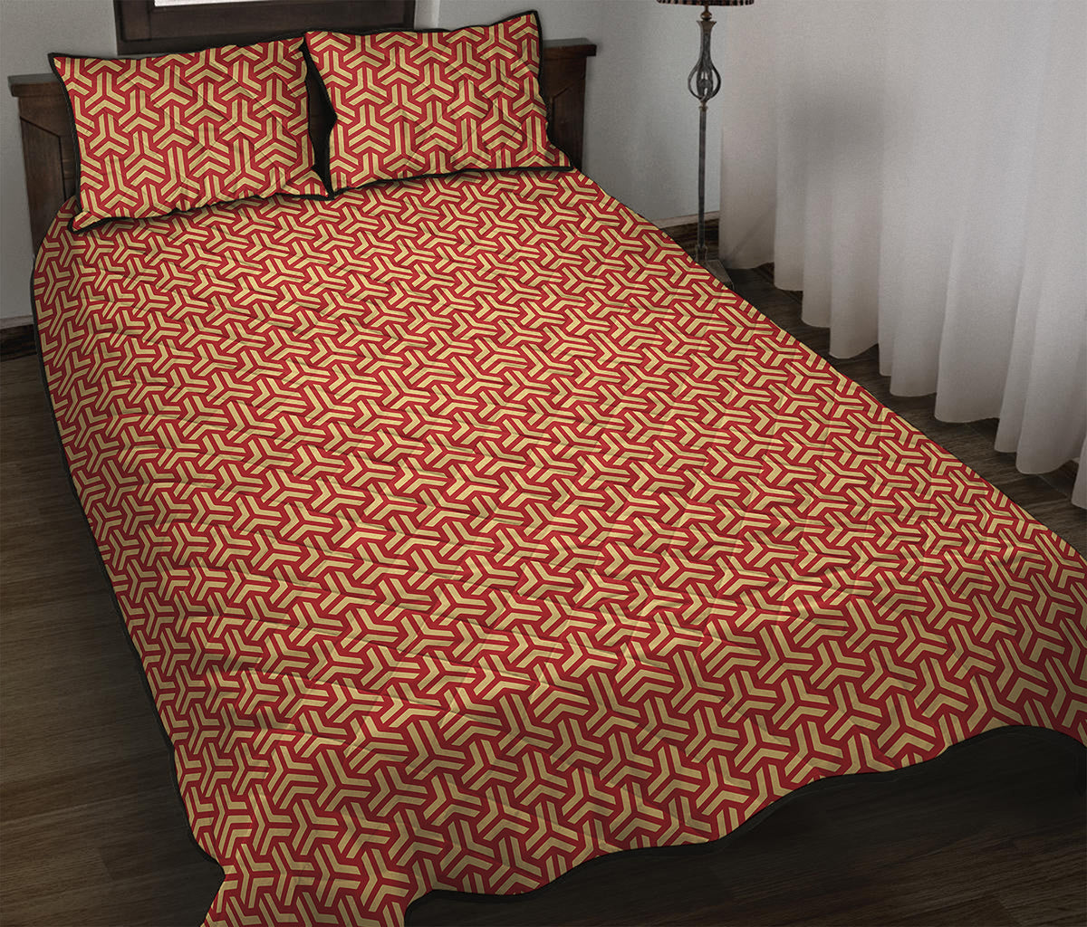 Beige And Red Japanese Pattern Print Quilt Bed Set