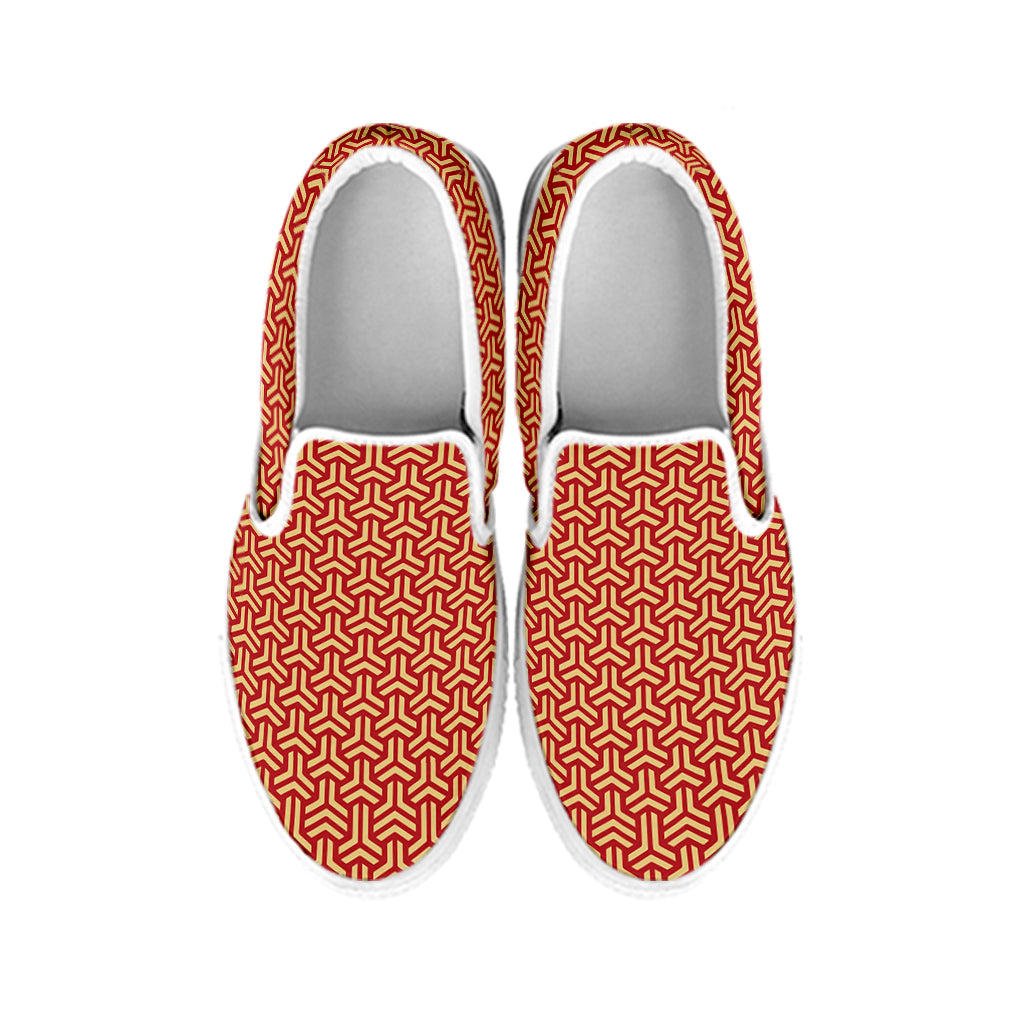 Beige And Red Japanese Pattern Print White Slip On Shoes