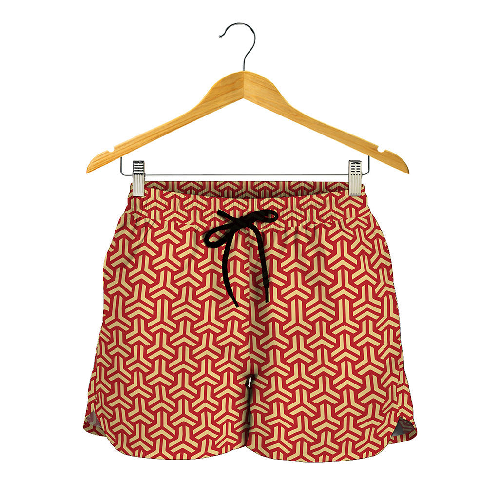 Beige And Red Japanese Pattern Print Women's Shorts