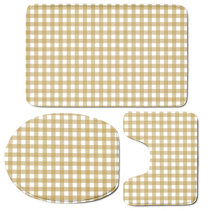 Beige And White Check Pattern Print 3 Piece Bath Mat Set