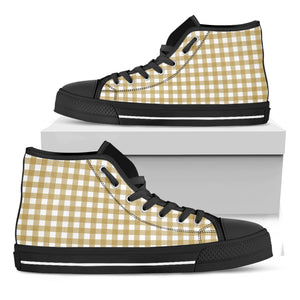 Beige And White Check Pattern Print Black High Top Shoes