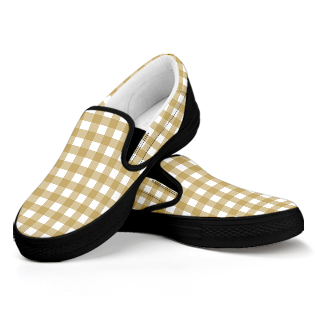 Beige And White Check Pattern Print Black Slip On Shoes