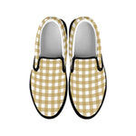 Beige And White Check Pattern Print Black Slip On Shoes