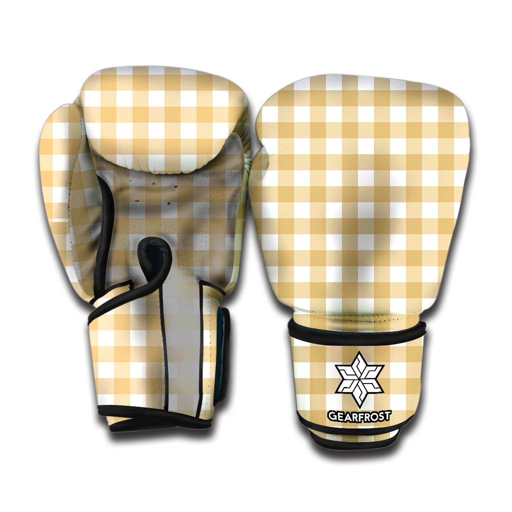 Beige And White Check Pattern Print Boxing Gloves