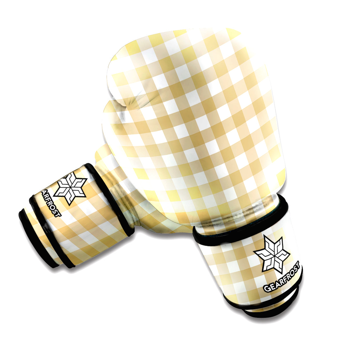 Beige And White Check Pattern Print Boxing Gloves