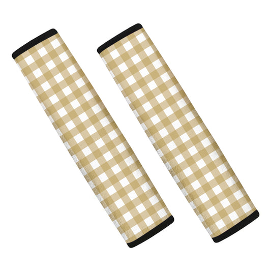 Beige And White Check Pattern Print Car Seat Belt Covers