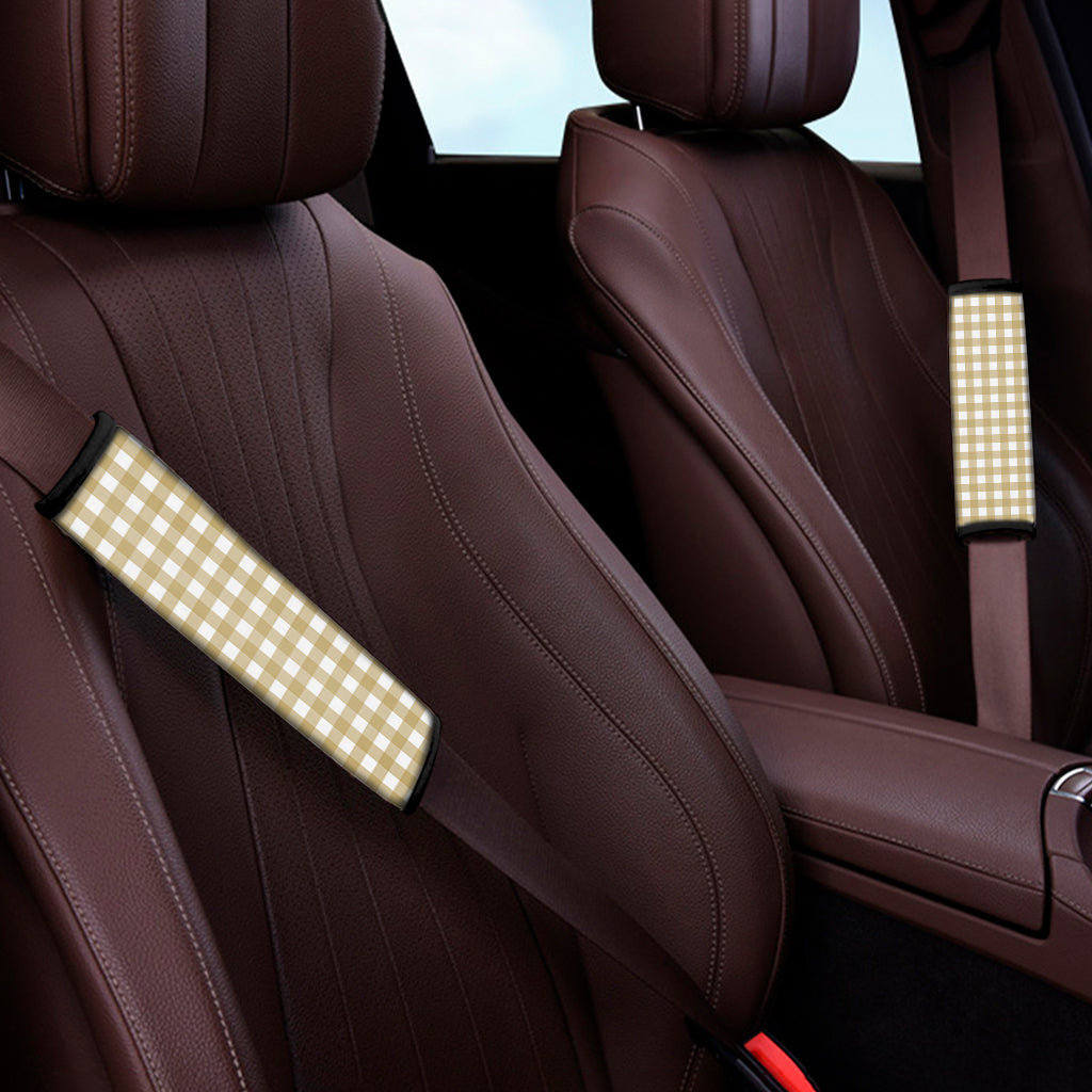 Beige And White Check Pattern Print Car Seat Belt Covers