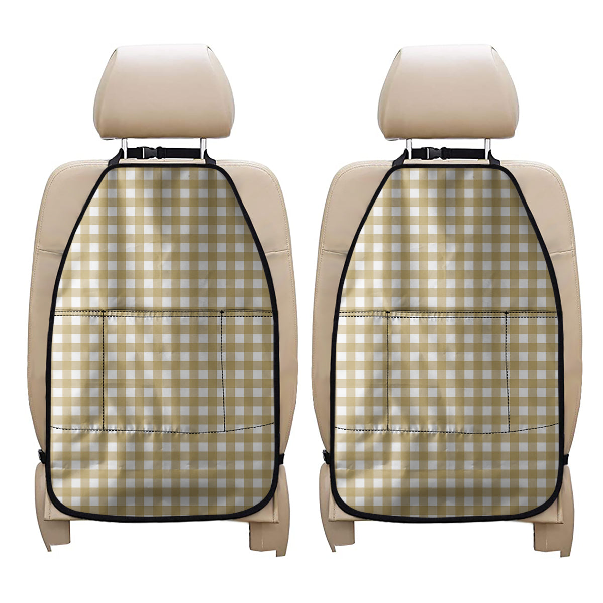 Beige And White Check Pattern Print Car Seat Organizers