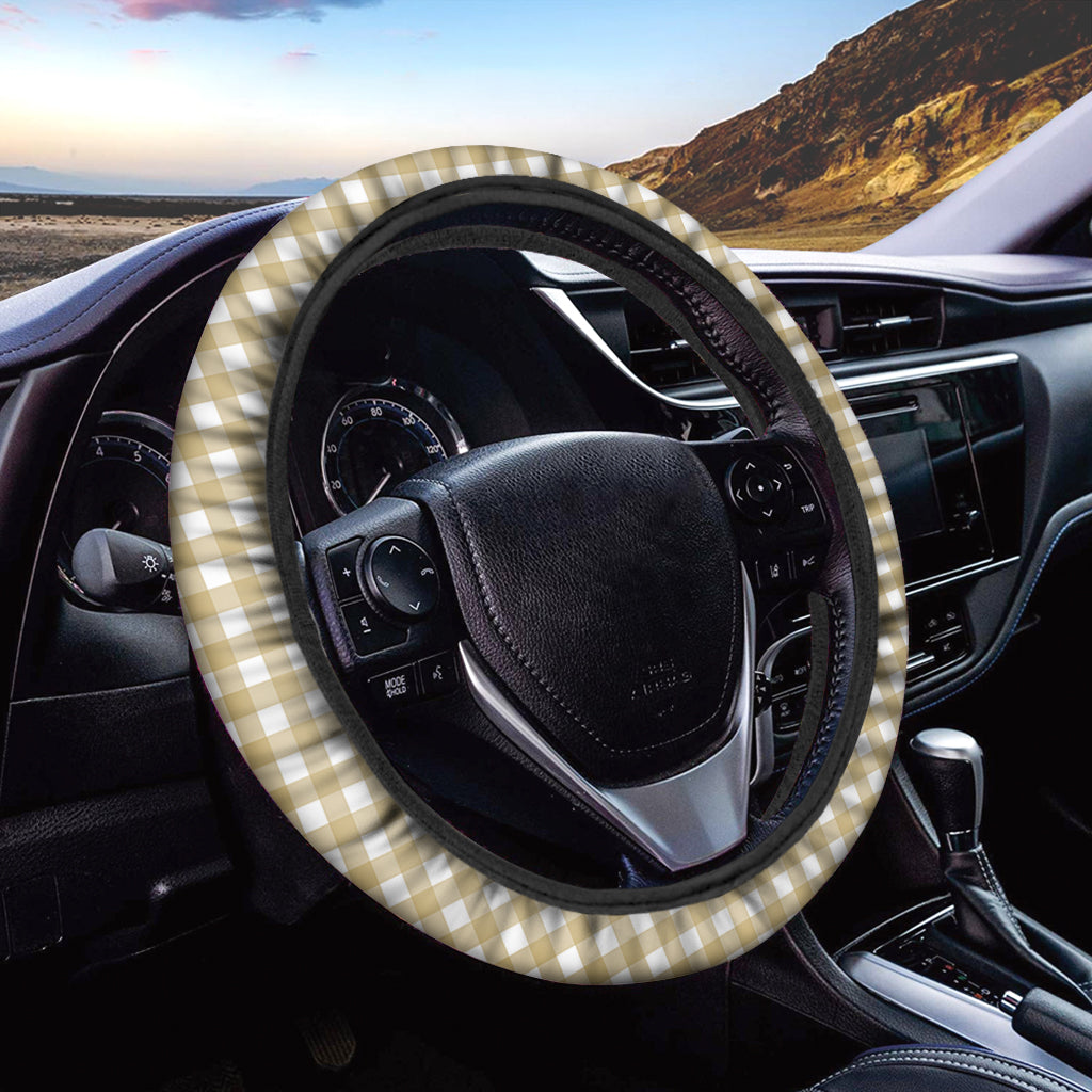 Beige And White Check Pattern Print Car Steering Wheel Cover