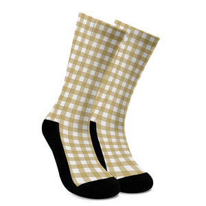 Beige And White Check Pattern Print Crew Socks