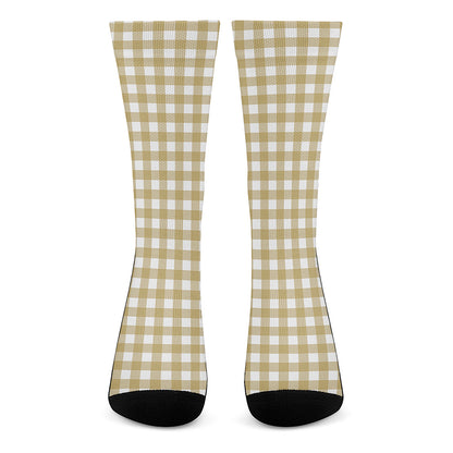 Beige And White Check Pattern Print Crew Socks