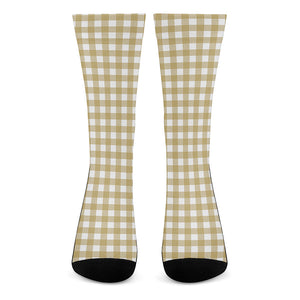 Beige And White Check Pattern Print Crew Socks