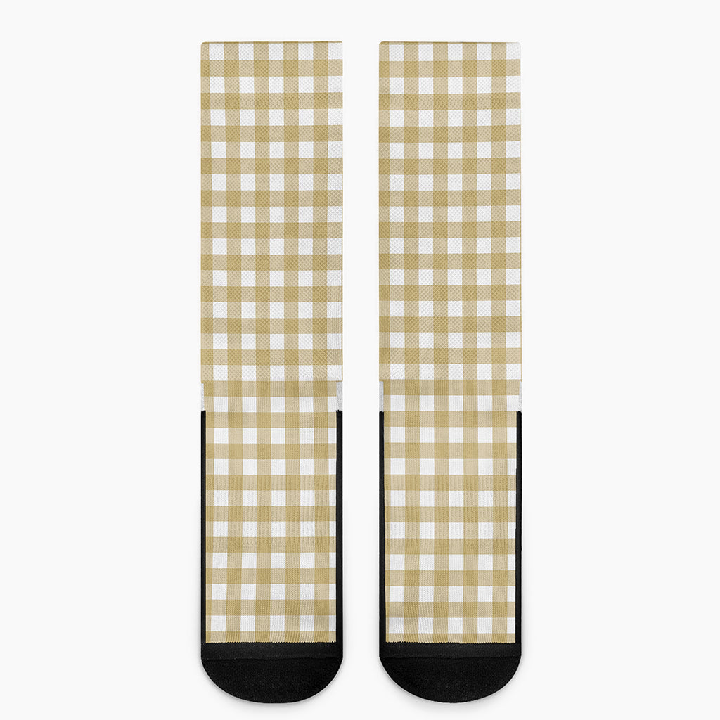 Beige And White Check Pattern Print Crew Socks