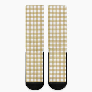 Beige And White Check Pattern Print Crew Socks