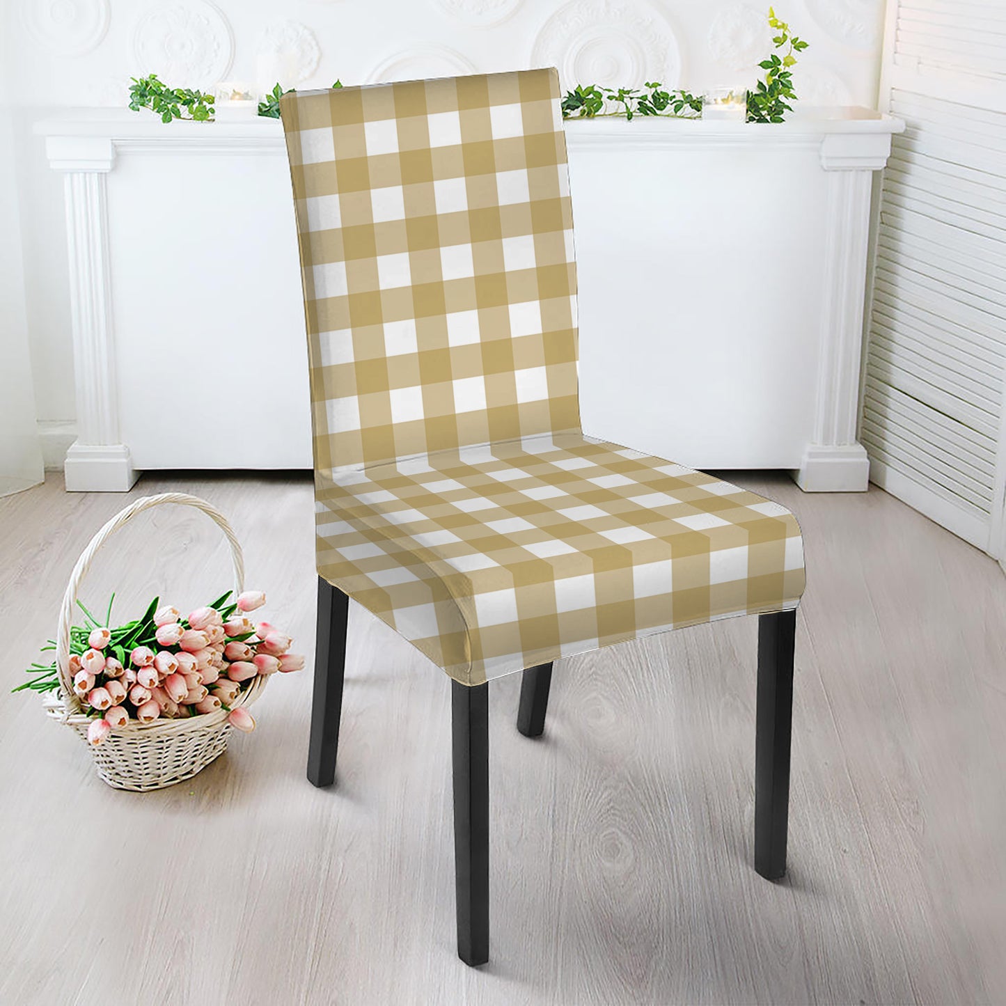 Beige And White Check Pattern Print Dining Chair Slipcover