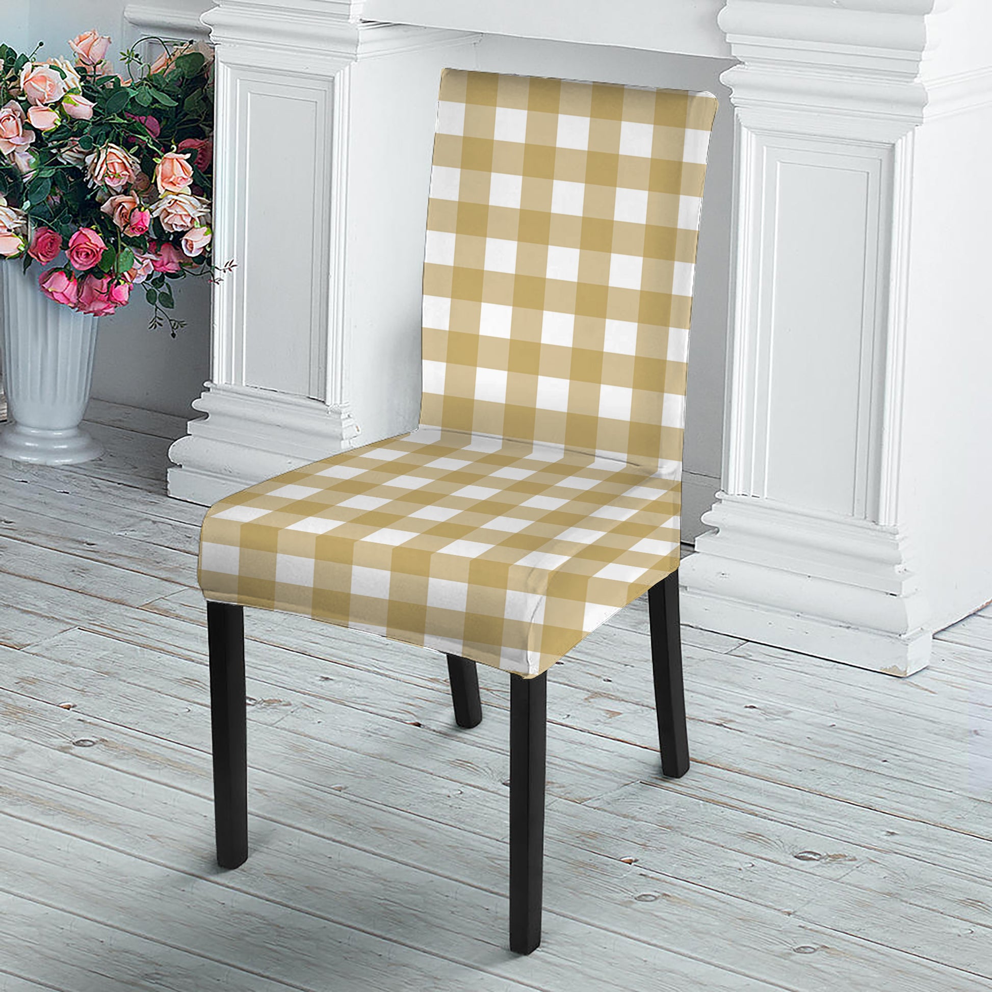 Beige And White Check Pattern Print Dining Chair Slipcover