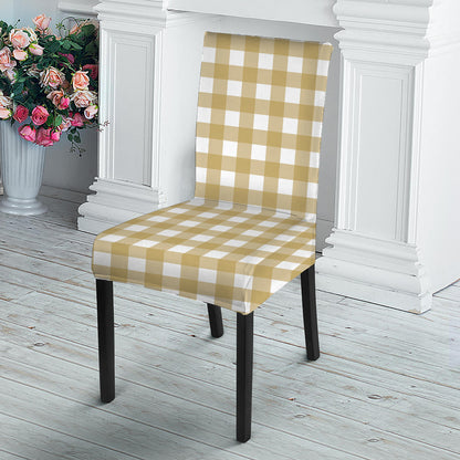 Beige And White Check Pattern Print Dining Chair Slipcover