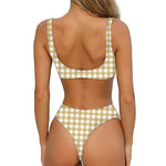 Beige And White Check Pattern Print Front Bow Tie Bikini