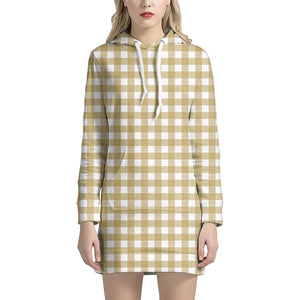 Beige And White Check Pattern Print Hoodie Dress